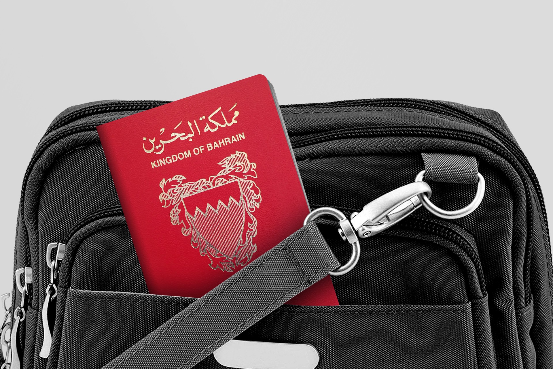 Close up of Bahrain Passport in Black Travel Bag Pocket