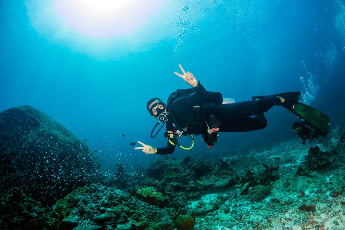 A SCUBA diver exploring a dark tropical coral reef